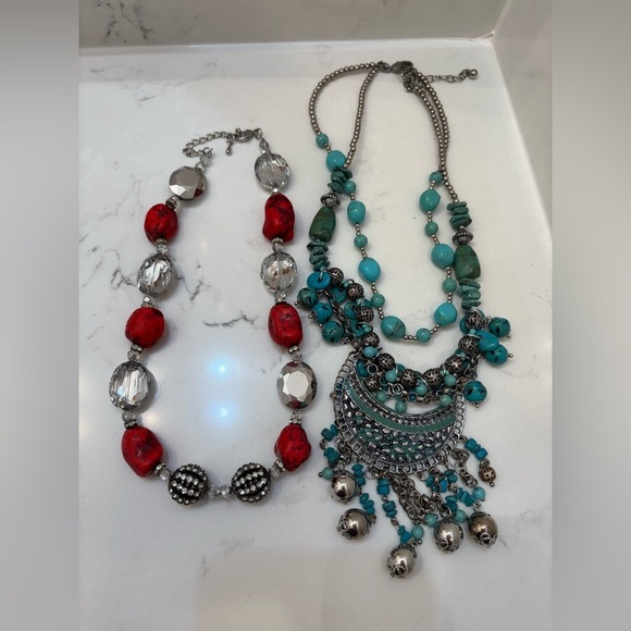 *BUNDLE OF 2* Turquoise and Red Beaded Necklace Set - Picture 1 of 6